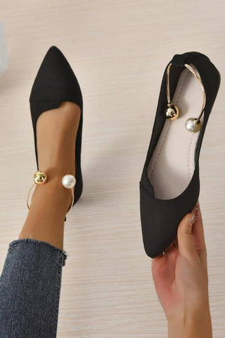 One-Strap Buckle Hollow Shallow Pointed Toe Flat Shoes With Pearl Metal Strap