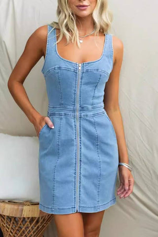 Solid Denim Zipper Mini Dress