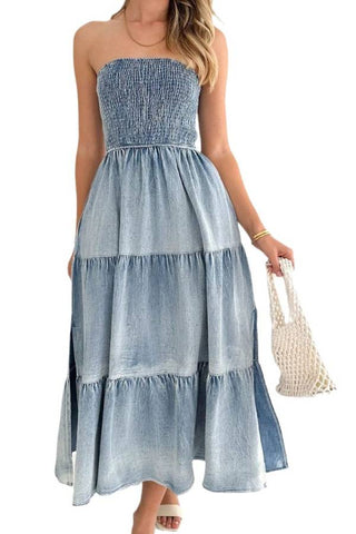 Slit Smocked Tube Tiered Denim Dress