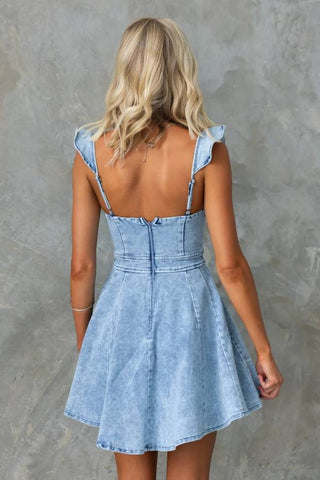 Fashionable and casual flying sleeves backless denim mini dress