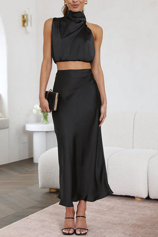 High Neck Satin Drape Maxi Skirt Set