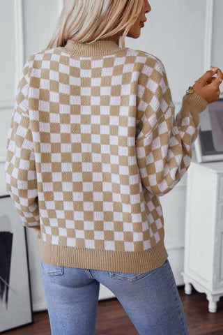 Checkered V-Neck Dropped Shoulder Sweater