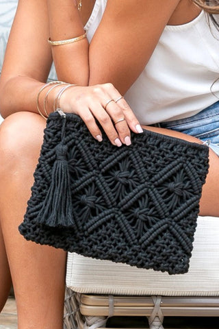 Diamond Pattern Macrame Tassel Clutch