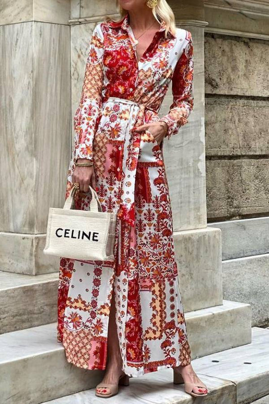 Fashionable printed Bohemian shirt maxi dress