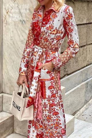 Fashionable printed Bohemian shirt maxi dress