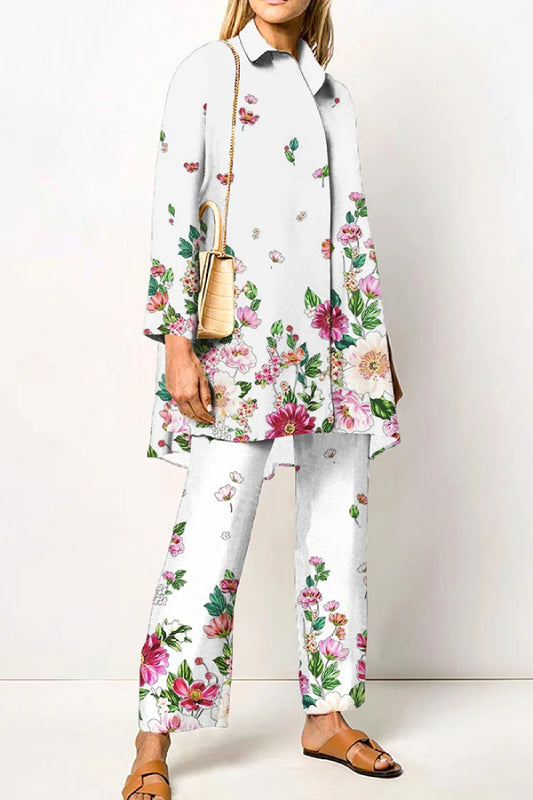 Fashion Floral Temperament And Elegant Style Shirt Two Piece Set