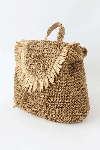 Caramel Fringed Trim Woven Straw Backpack