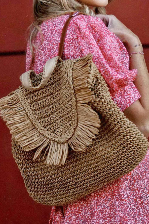 Caramel Fringed Trim Woven Straw Backpack