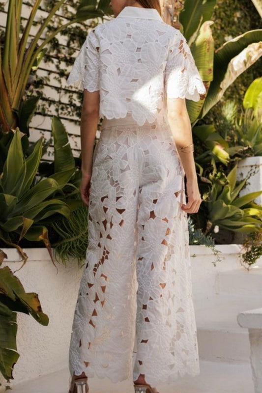 Casual Lace Blouse Wide Leg Pants Suit