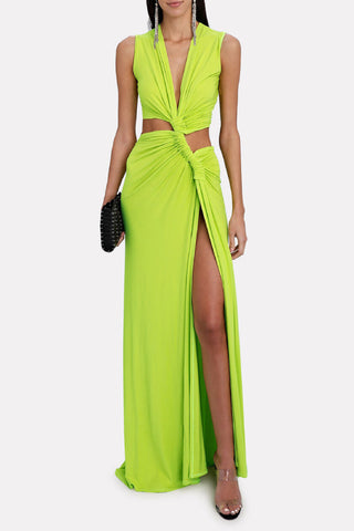 Solid color sexy deep V hollow slit slim maxi dress