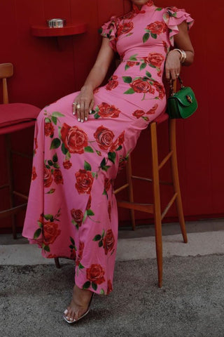 Cheongsam Style Rose Floral Print Tiered Flare Sleeve Stretch Maxi Dress