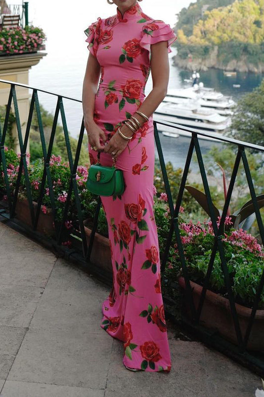 Cheongsam Style Rose Floral Print Tiered Flare Sleeve Stretch Maxi Dress