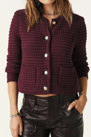 Knitted Burgundy Long-Sleeved Cardigan