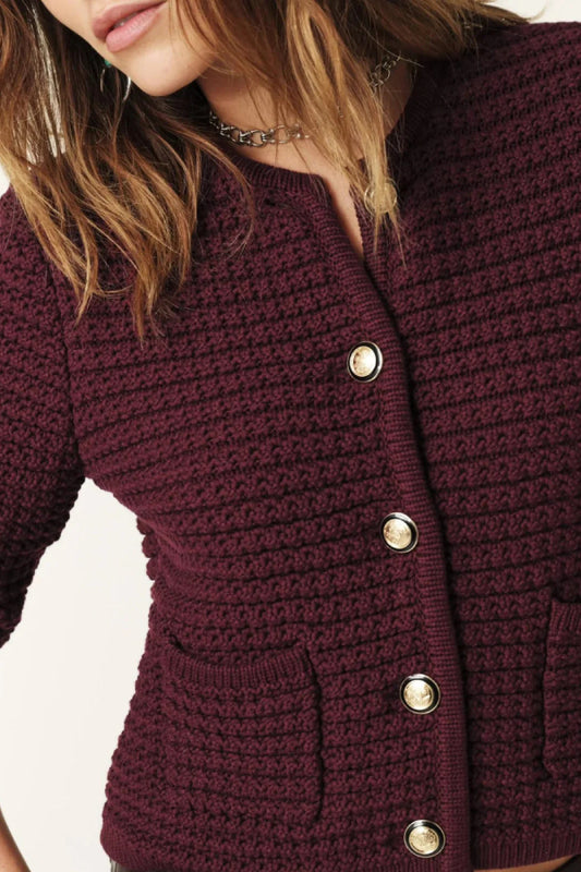 Knitted Burgundy Long-Sleeved Cardigan