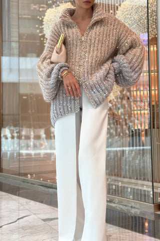 Sequined lantern sleeve knitted cardigan