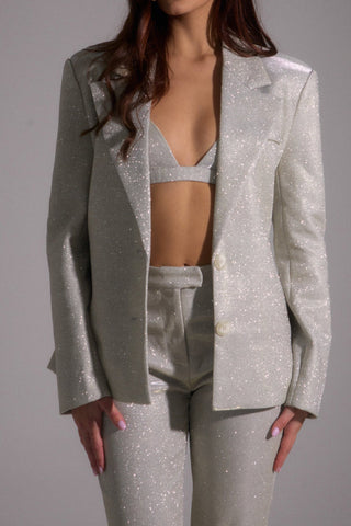 Stylish Sequined Blazer, Bra and Straight Pants Three-piece Set