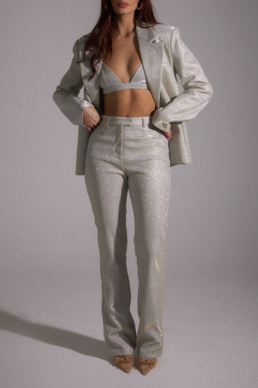 Stylish Sequined Blazer, Bra and Straight Pants Three-piece Set