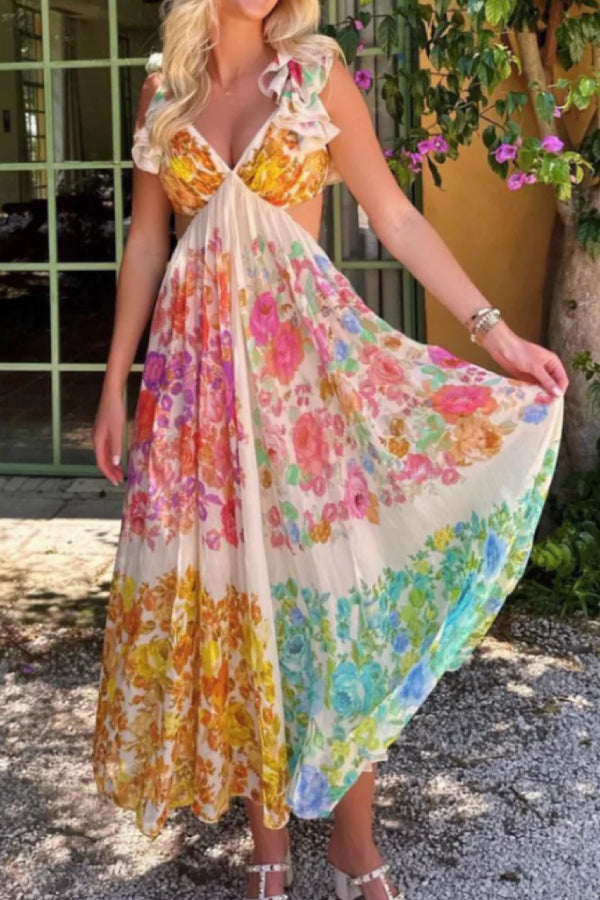 V-neck Ruffle Sleeve Flowers Print Bow-knot Backless Design maxi dress