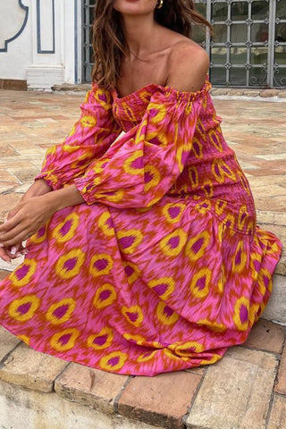 Unique Printed Off Shoulder Balloon Sleeve Smocked Midi Dress