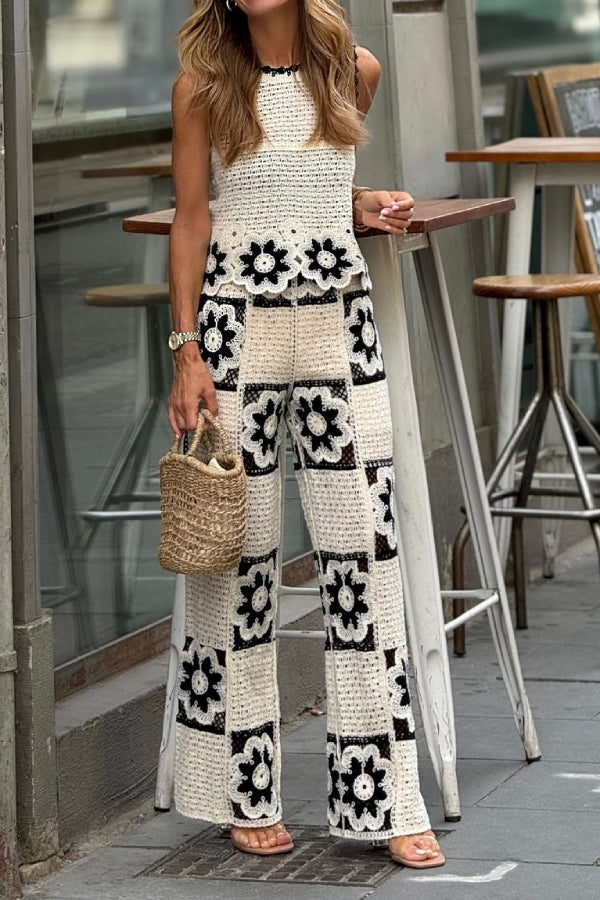 Hollow flower round neck sleeveless sweater and square wide-leg pants set