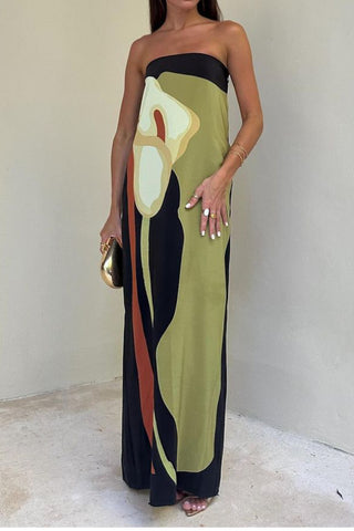 Avocado print tube top maxi dress