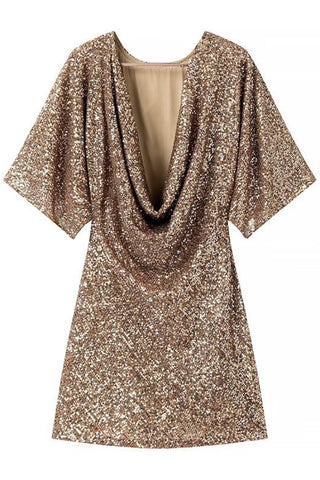 Short-Sleeve Round Neck Sequin Backless Mini A-Line Dress