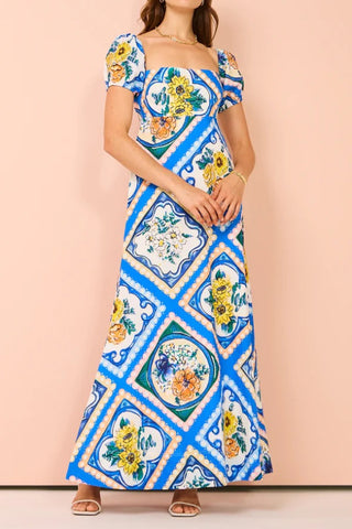 Printed puff sleeves Linen blend maxi dress