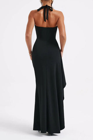 Halter V-neck backless hem slit maxi dress