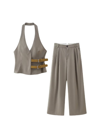 Belted halter neck vest and pants set