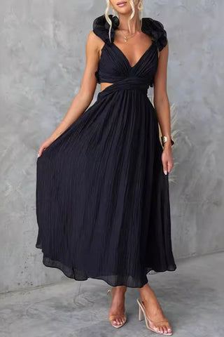 Sleeveless solid color back-tie pleated maxi dress