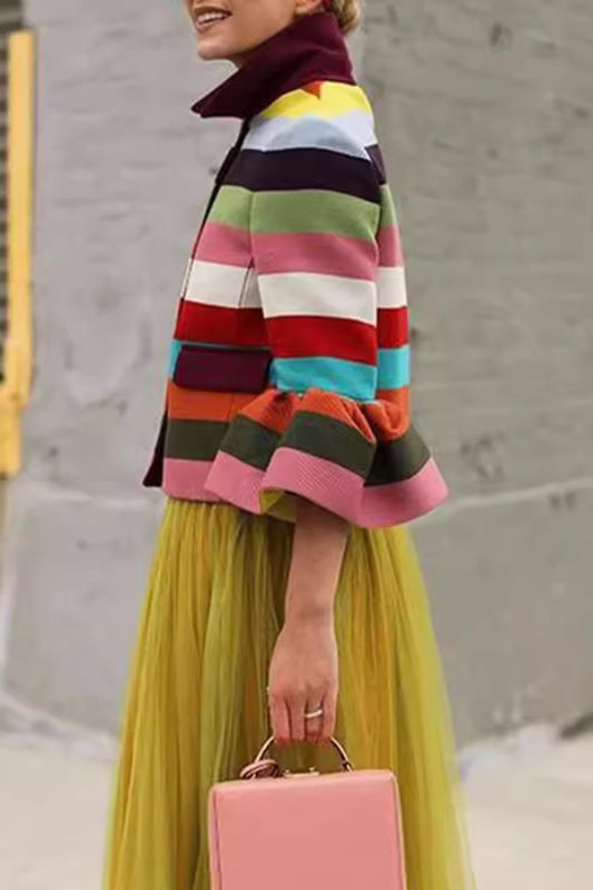 Multicolor Striped Bell Sleeve Lapel Jacket