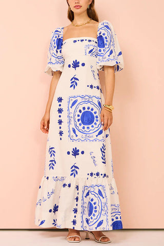 Printed Lantern Sleeve Linen blend maxi Dress