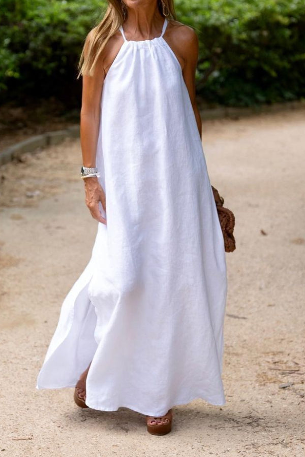 Halter neck slit cotton and linen maxi dress