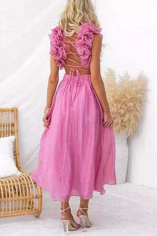 Sleeveless solid color back-tie pleated maxi dress