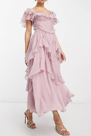 Backless hollow ruffled pleated maxi dress