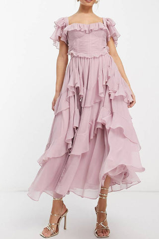 Backless hollow ruffled pleated maxi dress