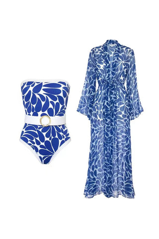 Stylish printed one-piece swimsuit and long-sleeved cover-up