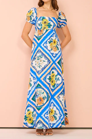 Printed puff sleeves Linen blend maxi dress