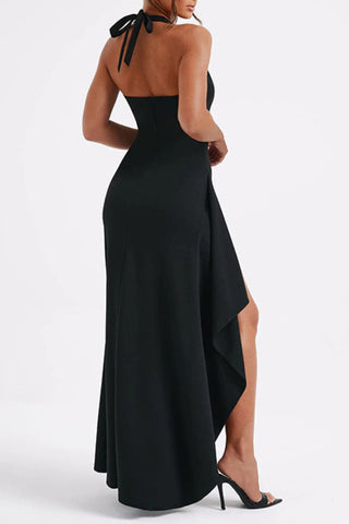 Halter V-neck backless hem slit maxi dress