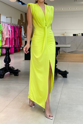 Deep V-neck fashionable waist pleated maxi dress