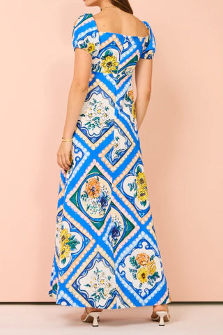 Printed puff sleeves Linen blend maxi dress