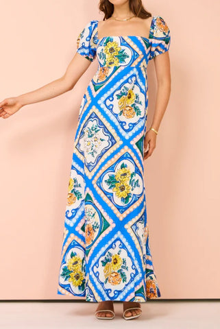 Printed puff sleeves Linen blend maxi dress