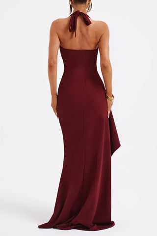 Halter V-neck backless hem slit maxi dress