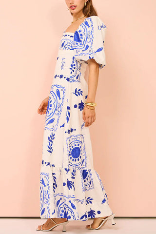 Printed Lantern Sleeve Linen blend maxi Dress