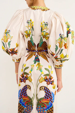 Unique Heaven Bird Printed Puff Sleeve Pocketed Loose Midi Dress