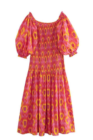 Unique Printed Off Shoulder Balloon Sleeve Smocked Midi Dress