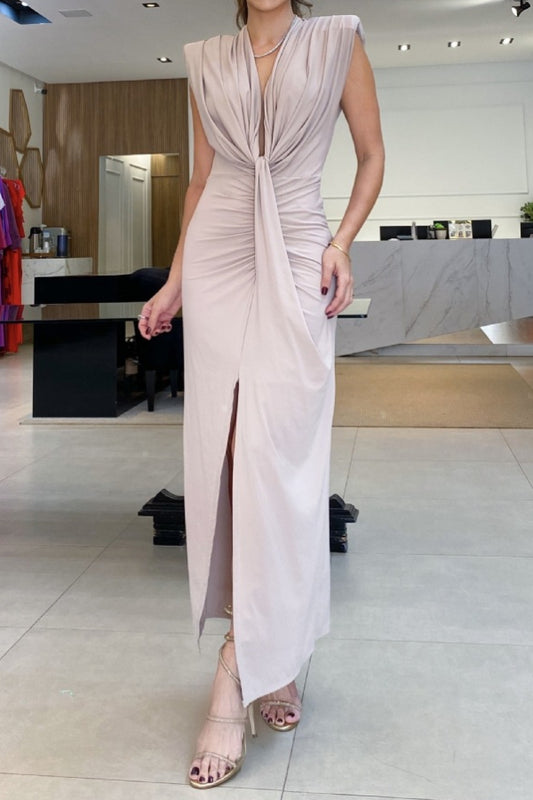 Deep V-neck fashionable waist pleated maxi dress