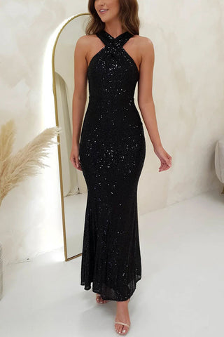 Halter sleeveless sequined maxi dress