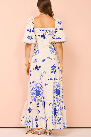 Printed Lantern Sleeve Linen blend maxi Dress