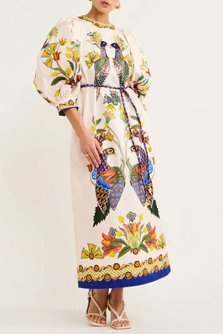 Unique Heaven Bird Printed Puff Sleeve Pocketed Loose Midi Dress